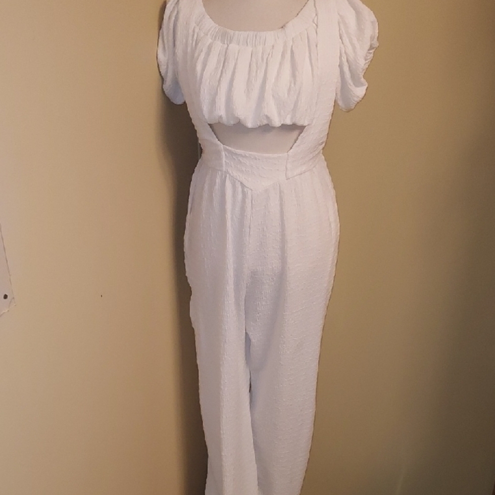 White Textured Jumpsuit with Crop Top